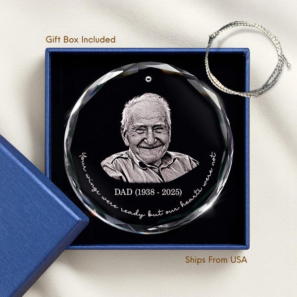 Personalized Memorial Crystal Ornament, Engraved Photo Christmas Ornament, Loss of Father Gift, Sympathy Gift, Remembrance Gift