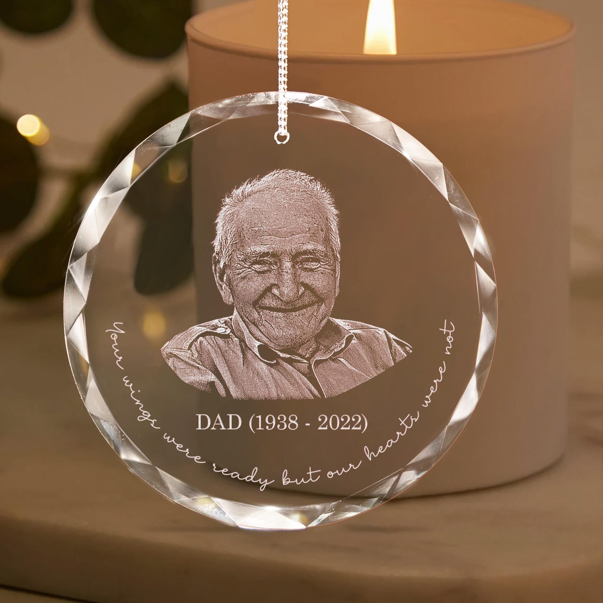 Personalized Memorial Crystal Ornament, Engraved Photo Christmas Ornament, Loss of Father Gift, Sympathy Gift, Remembrance Gift