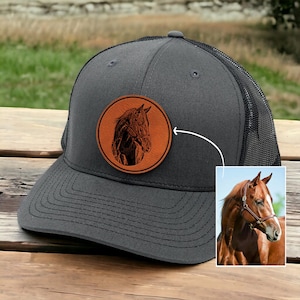 Custom Horse Portrait Trucker Hat Leather Patch - Personalized Fathers Day Gift for Horse Lover