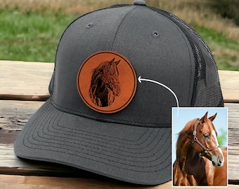 Custom Horse Portrait Trucker Hat Leather Patch - Personalized Fathers Day Gift for Horse Lover