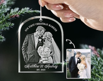 Custom  First Christmas Married Ornament, Personalized Couple Photo Christmas Ornament, Marriage Gift for Newlyweds, Bridal Shower Gift