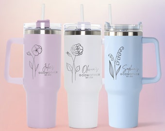 Custom Birth Flower Godmother 40oz Tumbler With Handle, Personalized Birth Flower Gift For GodMama, Godmother Proposal Box, Baptism Gift