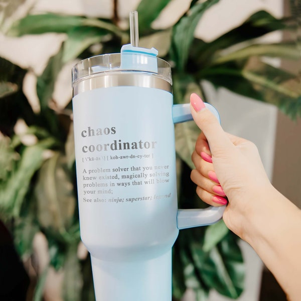 Engraved Chaos Coordinator 40oz Tumbler, Coworker Travel Mug with Handle and Straw Gifts, Christmas Tumbler Gifts for Colleague