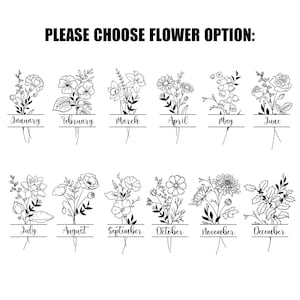 May include: A black and white illustration of 12 different flower bouquets, each representing a month of the year. The bouquets are labeled with the month's name.