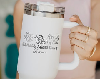 Custom Funny Tooth 40oz Tumbler With Handle, Personalized Engraved Dental Tumbler With Lid And Straw, Dentist Gift, Appreciation Gifts
