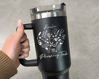 Custom Pharmacy Tech 40oz Tumbler, Engraved Pharmacist Tumbler With Handle & Straw, Pharmacy Technician Gift, Pharmacy Week Gifts