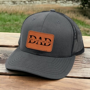 Custom Kids Names Hat Gifts for Dad on Father&#39;s Day - Personalized Engraved Trucker Hat with Leather Patch