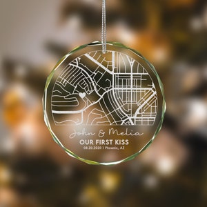 Custom Map Glass Ornament Gifts for Couple, Our First Kiss Ornament, Unique Christmas Gifts for Her, Anniversary Gift, New Engagement Gifts