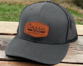 1954 Vintage Classic Hat Leather Patch - Laser Engraved 70th Birthday on Trucker Hat - Vintage Car Lovers Gift for Men