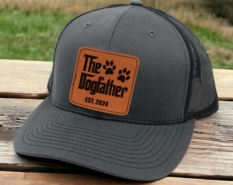 Personalized Dog Dad Gifts Trucker Hat - Custom The Dogfather Leather Patch Cap, Father's Day Gift Idea