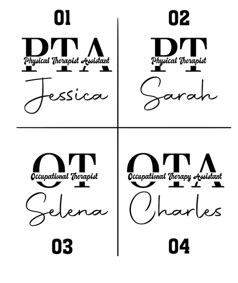 Pu&ograve; includere: Un design grafico con quattro titoli diversi per professionisti sanitari. I titoli sono "PTA", "PT", "OT" e "OTA". Ogni titolo &egrave; accompagnato dal nome completo della professione e da un nome. I nomi sono "Jessica", "Sarah", "Selena" e "Charles".