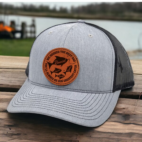 Custom Fishing Dad With Kids Names Hat  - Custom Father's Day Gift Leather Patch Cap - Fisherman Family Present