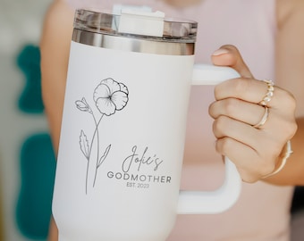 Personalized Gifts for Godmother, Custom Birth Flower Godmother 40oz Tumbler With Handle, Godparents Proposal Box Idea, Baptism Gift