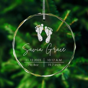 Personalized Baby 1st Christmas Ornament, Custom Name Baby Foot Print, Laser Engraved Birth Stats
