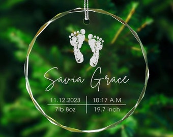 Personalized Baby 1st Christmas Ornament, Custom Name Baby Foot Print, Laser Engraved Birth Stats