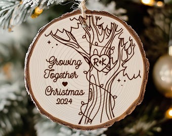 Custom Engraved Christmas Ornament, Growing Together Wood Slice Ornament, Wedding Gift for Couples, Christmas Tree Ornament