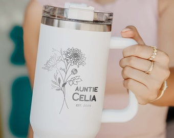 Custom Birth Flower Auntie 40oz Tumbler, Engraved Birth Month Flower Aunt Cup, Personalized Christmas Gifts for New Aunt