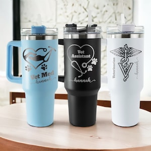 Custom Vet Med 40oz Tumbler With Handle, Personalized Veterinarian Tumbler Lid And Straw, Gift For Vet Assistant, Vet Tech Week Gift