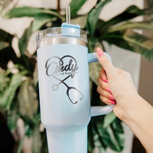 Personalized Dental Assistant 40oz Tumbler With Handle, Engraved Custom Tumbler For Dentist Insulated Hot & Cold, Dental Appreciation Gift