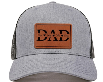 Custom Dad Hat with Kids Names, Personalized Father's Day Gift, Engraved Trucker Cap with Leather Patch
