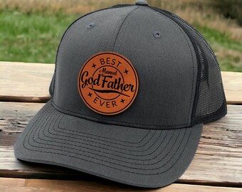 Custom Father's Day Gifts for Godfather - Personalized Best Godfather Ever Engraved Trucker Hat Leather Patch - Godfather Baseball Cap