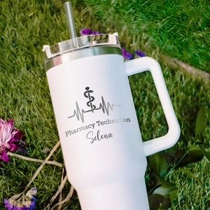 Custom Pharmacy Technician Gift For Woman, Laser Engraved Medical Symbol Heartbeat 40oz Tumbler With Handle, Pharmacy Week 2023