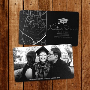 May include: Black and white photo of a family celebrating a graduation. The graduate is being kissed on the cheeks by their parents. The photo is on a black background with the text "Katie Torres, Class of 2025, Ohio University, 39°19′27.7 N-82'06'05.0°W, She believed she could, so she did!"