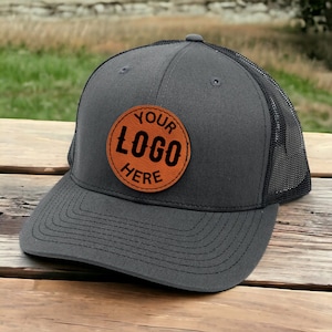 Custom Logo Trucker Leather Patch Hat - Laser Engraved Baseball Hat for Company Brand, Personalized Logo or Text Gift for Dad