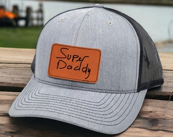 Custom Handwriting Baseball Hat Engraved Leather Patch - Personalized Father's Gift for Dad for Kids Handwritten