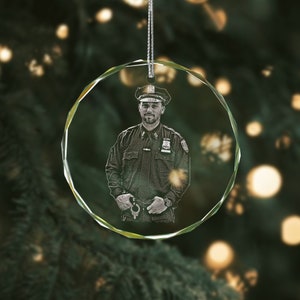 Custom Engraved Photo Glass Ornament Gifts for Police, Police Officer Holiday Gifts, Thin Blue Line Law Enforcement Gifts