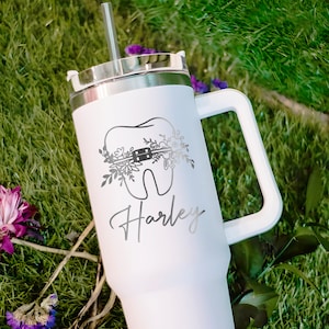 Dental Assistant 40oz Tumbler With Handle, Custom Engraved Tumbler With Lid and Straw For Dentist, Gift For Dental Office, Dental Hygienist