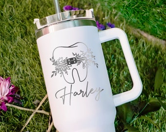 Dental Assistant 40oz Tumbler With Handle, Custom Engraved Tumbler With Lid and Straw For Dentist, Gift For Dental Office, Dental Hygienist