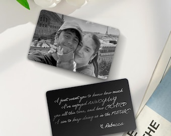 Custom Couple Photo Metal Wallet Card - Personalized Handwriting Valentines Day Gift for Him, Anniversary Gift for Boyfriends