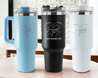 40oz Mom Tumbler, Custom Mom Life Tumbler With Handle, Personalized Floral Mom Travel Mug, Gift For Mom For Mother's Day, Gift From Kids