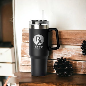 Laser Engraved RX Pharmacy Tech 40oz Tumbler With Handle, Custom Pharmacy Technician Tumbler, Pharmacist Gift, Gift For CPhT Pharmacy Tech