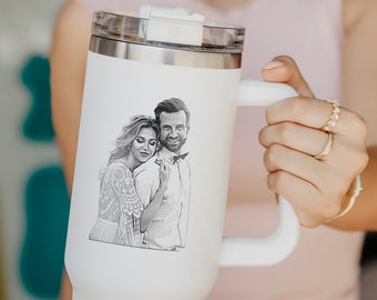 Personalized Valentines Gifts for Her, Custom Portrait 40oz Tumbler with Handle, Unique Gifts for Wife, Anniversary Gifts