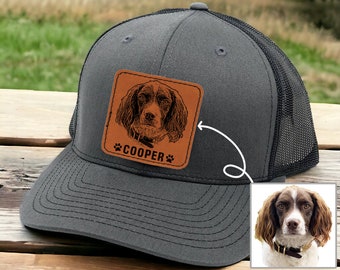 Custom Dog Photo Engraved Trucker Hat Leather Patch - Personalized Fathers Day Gift for Dad