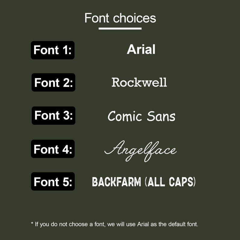 May include: A graphic showing five different font choices for text. The options are Arial, Rockwell, Comic Sans, Angelface, and BACKFARM (ALL CAPS).