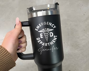 Emergency Department Nurse 40oz Tumbler, Custom ER Nurse Tumbler With Handle and Straw, Emergency Room Gift