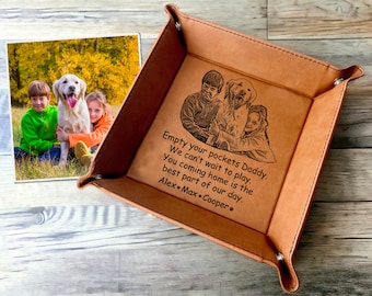 Personalized Leather Valet Tray Engraved with Photo - Custom Catchall Tray Gift for Dad from Kids