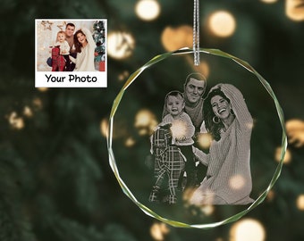 Engraved Family Photo Crystal Ornament, Holiday Ornament Gifts for Family, 2023 Glass Ornament