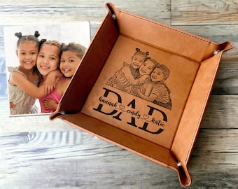 Personalized Leather Valet Tray Engraved with Photo - Custom Catchall Tray Gift for Dad with Kids Names