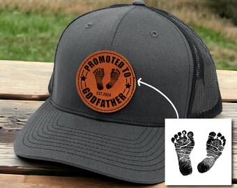 Custom Father's Day Gifts for Godfather - Personalized Promoted to Godfather Engraved Trucker Hat Leather Patch - Godfather Baseball Cap