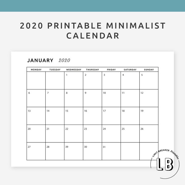 2020 Printable Minimalist Calendar | Printable Desk Calendar, 2020 Wall Calendar, Desk Calendar 2020