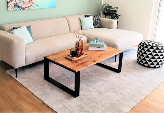Coffee Table Steel Solid Wood Oak 80x50cm Industrial Design model