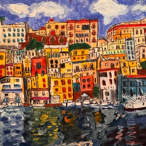 May include: A watercolor painting of a colorful cityscape with buildings in shades of yellow, red, orange, and blue. The buildings are clustered together along a waterfront with boats in the foreground. The sky is a light blue with white clouds.