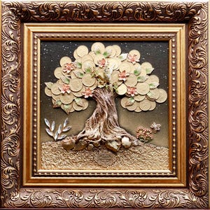 May include: A framed artwork featuring a tree crafted from gold coins, with a brown, textured trunk and green leaves. The tree is set against a dark background with gold glitter.