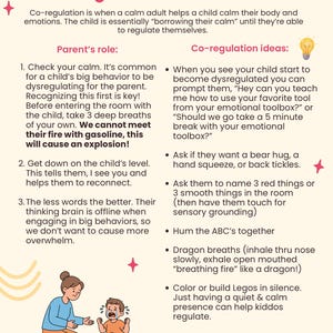 May include: A pink and white infographic titled "Co-Regulation Cheat Sheet" with text explaining co-regulation techniques for parents and children. Includes illustrations of a parent and child.