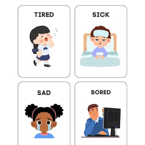 Op de afbeelding: Een set van vier kaarten met illustraties die verschillende emoties uitbeelden. De kaarten tonen bovenaan de woorden "WHEN I FEEL...". De kaarten tonen een gaapend meisje voor "TIRED", een jongen in bed voor "SICK", een huilend meisje voor "SAD" en een man achter een computer voor "BORED".