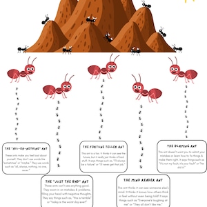 May include: A colorful illustration features cartoon ants climbing a brown mountain under a yellow sun and blue sky. Text describes different types of negative thinking patterns, such as the "All-or-Nothing" ant and the "Blaming" ant.
